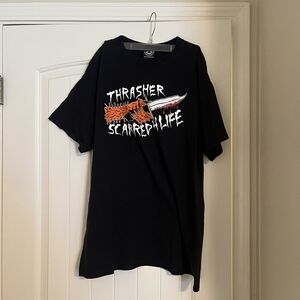 Thrasher Black Tee with Orange and White Graphic